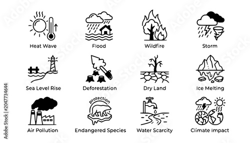 Obraz na płótnie Climate Change Effects and Environmental Impact Icon Set Minimal Black and Gray