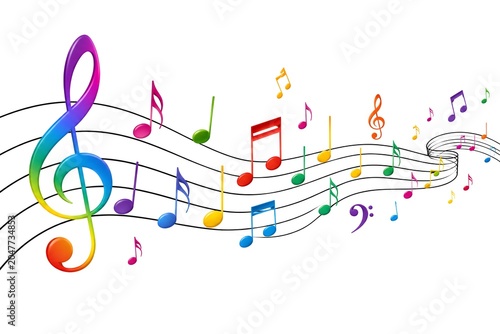 Colorful music notes flowing on a staff