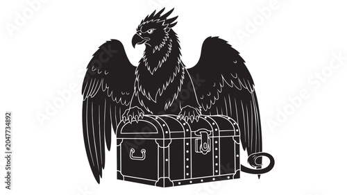 Φωτογραφία Black griffin mythical creature with a treasure chest