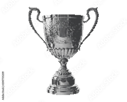Vintage retro halftone trophy cup with circle dot pattern isolated on white background