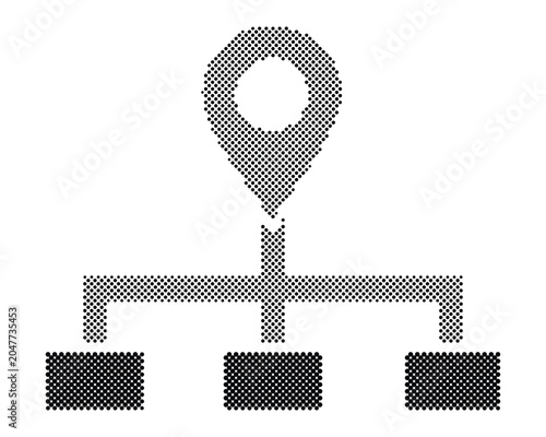 Retro halftone location pin marker with circle dots pattern on three horizontal bars isolated on white background