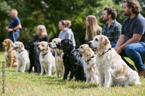 Row of obedient dogs sitting beside owners in outdoor training class