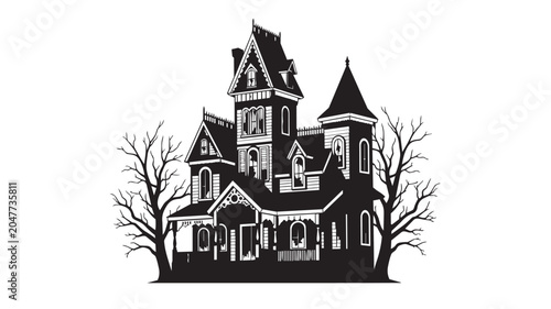 Schilderij op canvas Black and white illustration of a spooky haunted house