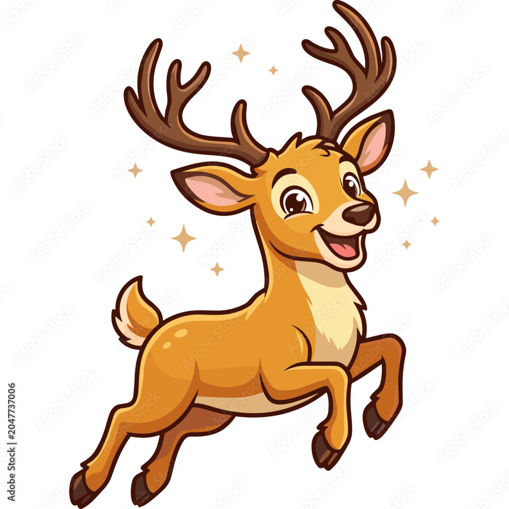 Fototapeta premium A cartoon reindeer runs with sparkles around it in a playful scene.