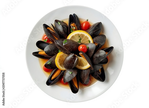 Fresh Black Mussels with Lemon Slices and Cherry Tomatoes on White Plate Top View