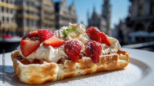 Brussels waffle with cream and strawberries at Grand Place