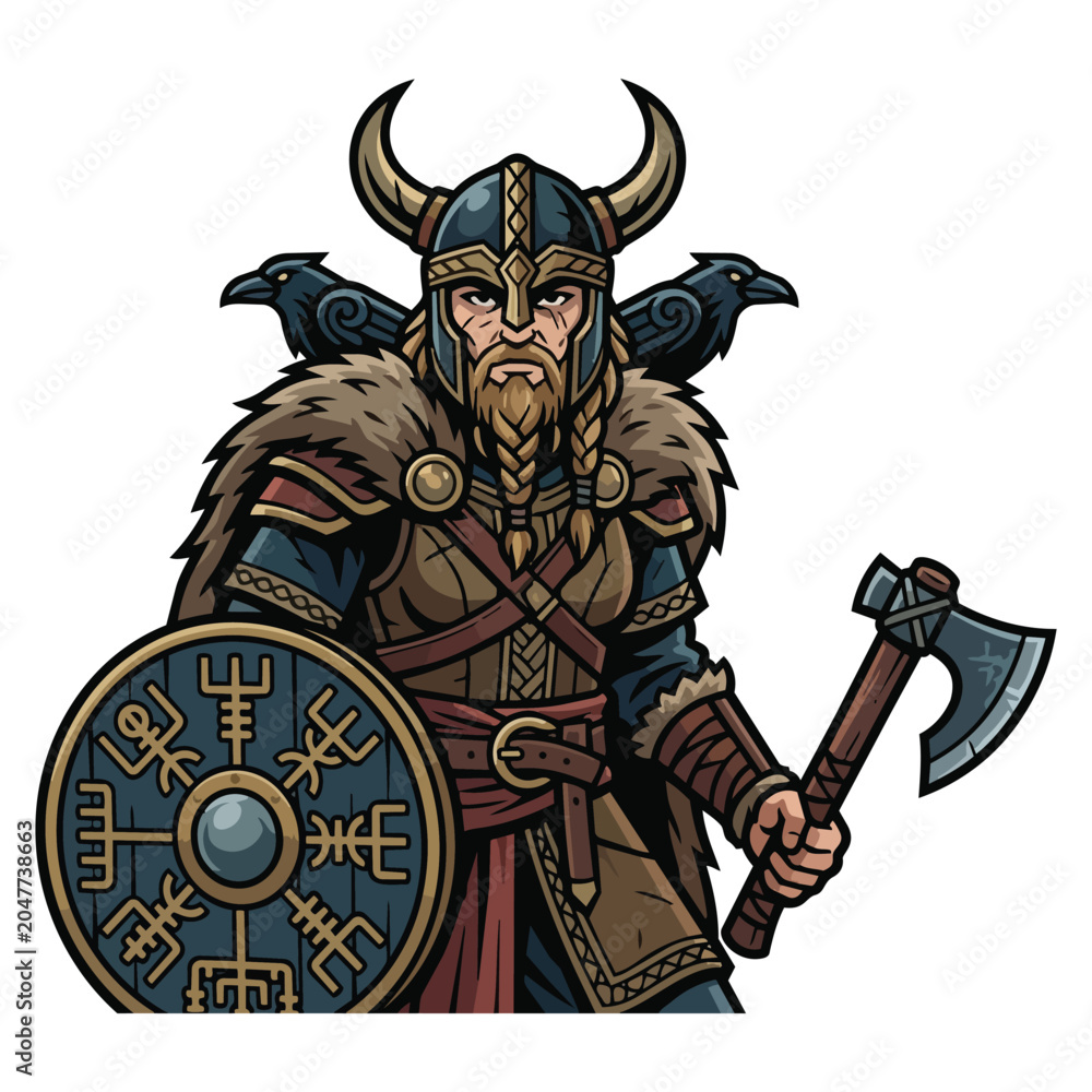 Fototapeta premium Viking warrior with sword and shield fantasy ancient knight statue illustration sculpture vintage armor warrior art