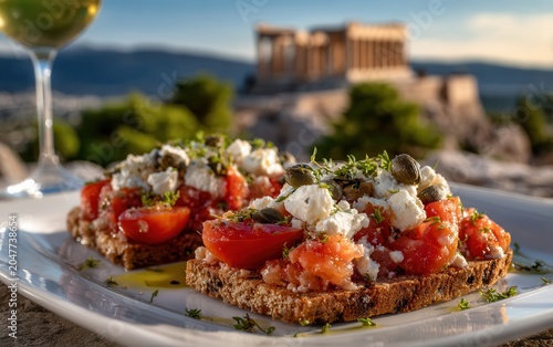 Dakos salad with view of Palace of Knossos during evening