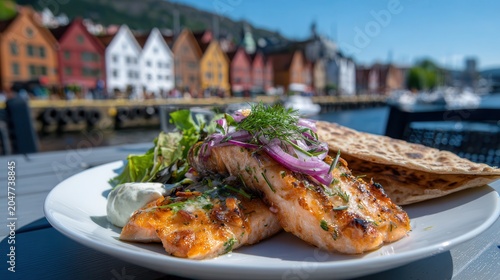 Enjoying rakfisk with lefse in Bergen's harbor area