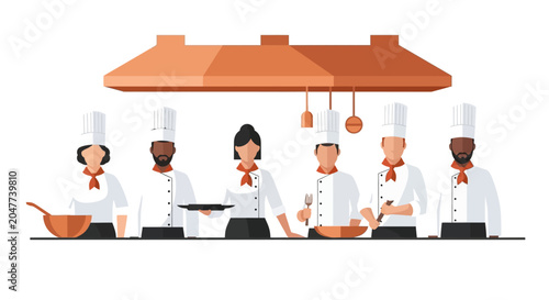 Professional Diverse Team of Chefs and Cooks in a Commercial Kitchen Flat Vector Illustration