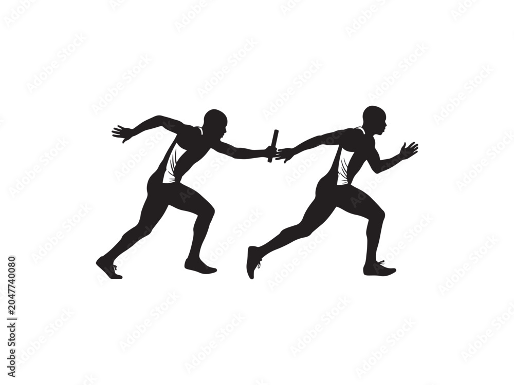 Fototapeta premium Two black silhouettes of relay runners passing a baton during a fast sprint on white background