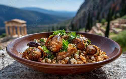 Food served in clay bowl near Temple of Apollo in Delphi