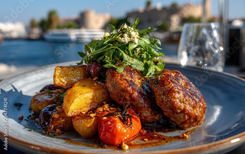 Izmir kofte served with potatoes and peppers by Aegean Sea