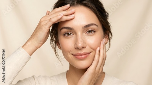 Close up beautiful woman face, smooth healthy skin, natural beauty, makeup free, touching forehead and cheek gently.