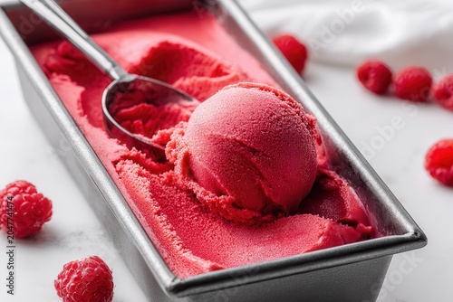 Raspberry sorbet scoop from tin on white countertop