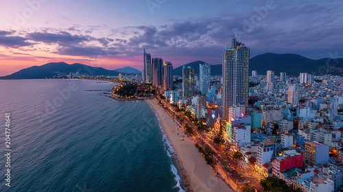 Coastal skyline view of Nha Trang Vietnam during sunset