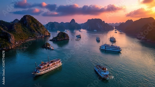 Sunset over Halong Bay with tourist boats and islands