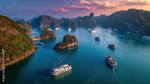 Sunset over Halong Bay with tourist boats and islands