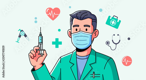 Cartoon doctor wearing face mask holding syringe.
