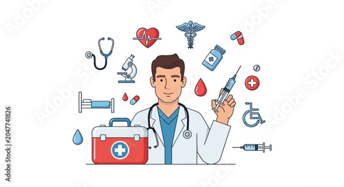 Doctor with medical equipment and symbols.