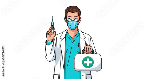 A male doctor wearing a mask holding a syringe and a first aid kit.