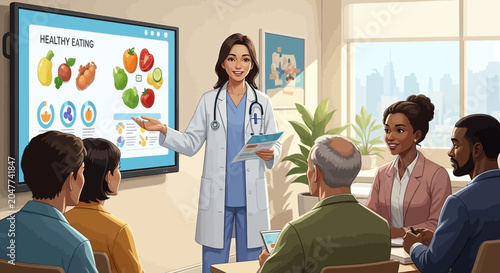 Doctor presenting healthy eating plate to group.