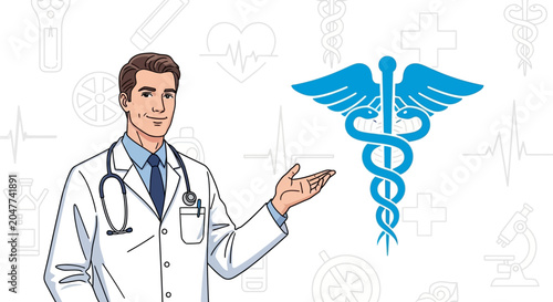 A doctor in a white coat presenting medical symbol.