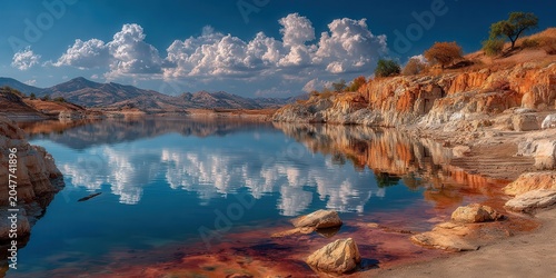 Lake and hills reflected in water under summer sky