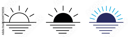 Sunset or sunrise over ocean waves icon set. 