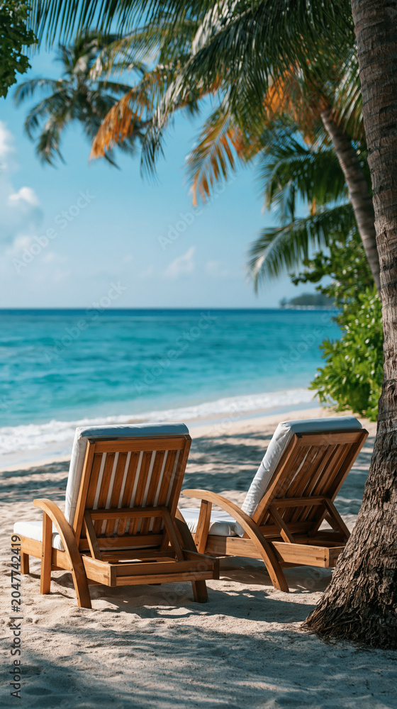 Fototapeta premium Wonderful beach scenery with palm trees and sun loungers overlooking turquoise sea, tropical beach landscape and summer resort template, no people, with copy space