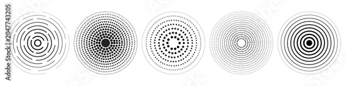 Fotografie Linear set of radar icons, sonar waves, concentric radial signal circles, echo sounder symbols