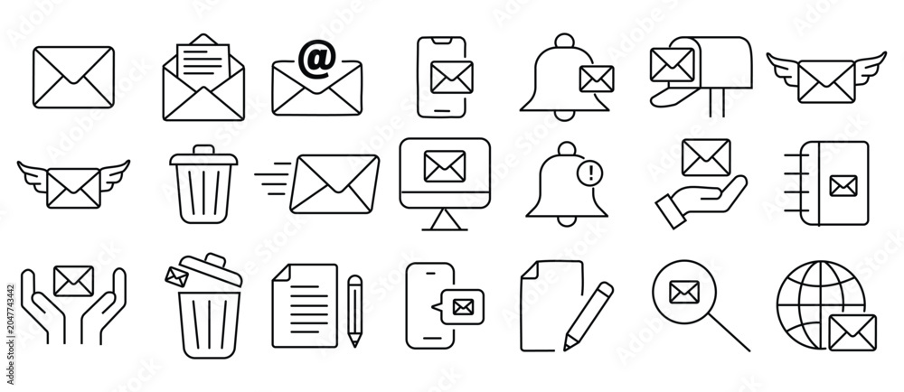 Fototapeta premium Set of 21 outline icons related to email. Linear icon collection. Editable stroke featuring inbox, message, envelope, notification, mailing, and interface symbols. Vector illustration.