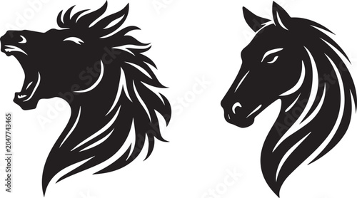 Foto Stallion horse head silhouettes, black tribal mustang vector icons, wild equine