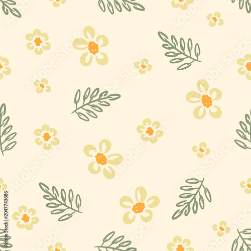 Hand drawn spring flower leaf pattern. Delightful hand drawn seamless pattern showcasing cheerful yellow flowers with vibrant orange centers and green leaves on a soft beige backdrop. It is ideal for 