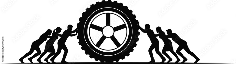 Obraz premium Teamwork Concept Illustration: Group of Silhouette People Pushing Large Gear Wheel Together, Black and White Line Art Vector