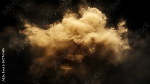 A large cloud of brown powder explodes against a black background, creating a dramatic and abstract effect.