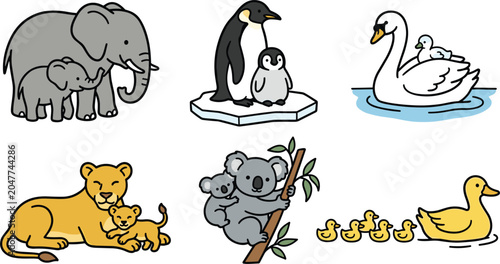 Photography Cute Mother and Baby Animal Set with Cartoon Elephant, Penguin, Swan, Lion, Koal