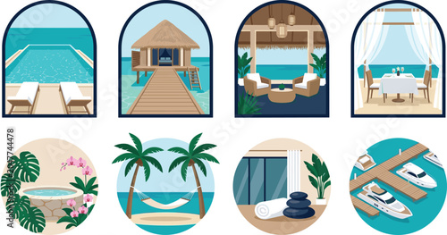 Foto Luxury Tropical Resort and Beach Vacation Icons Vector Set with Overwater Villas