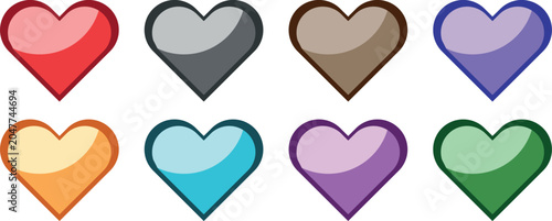 Schilderij op canvas A collection of eight vibrant glossy heart icons in various colors arranged in two rows