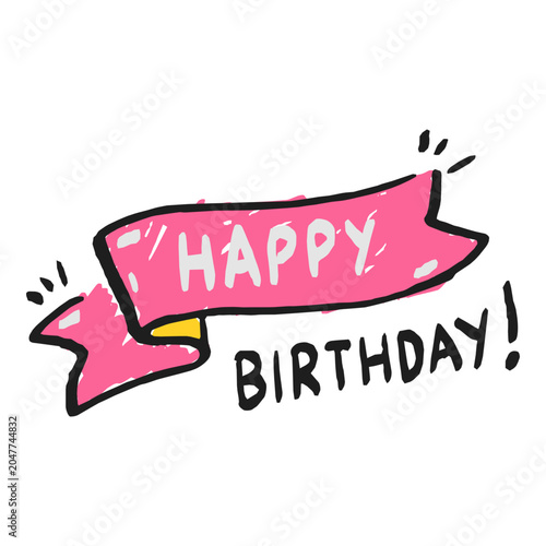 Hand Drawn Happy Birthday Ribbon Vector Illustration