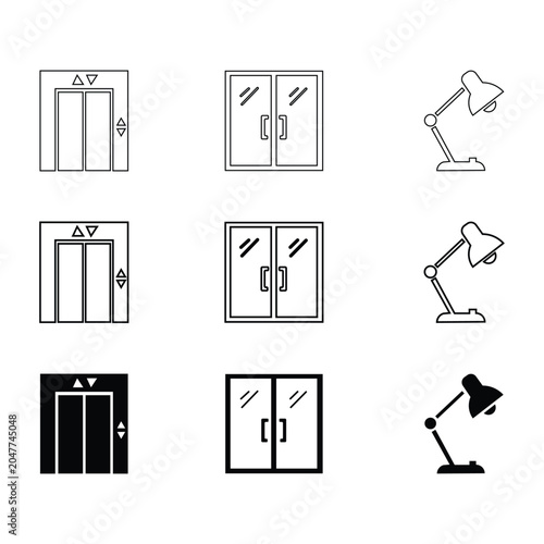 Corporate office interior and building infrastructure vector icon set