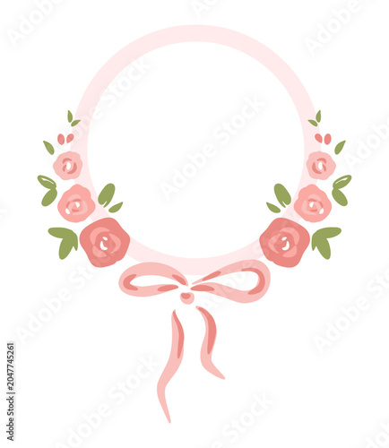 Pink rose floral ribbon circle frame. A charming illustration features a light pink circular frame decorated with delicate pink roses and green leaves. A sweet pink ribbon bow hangs gracefully at the 