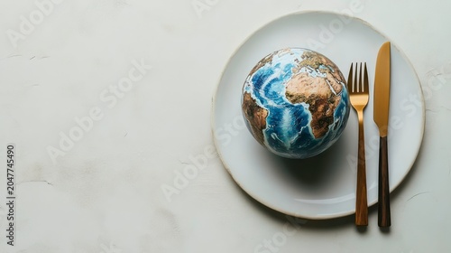 A globe sits on a plate with a fork and knife, representing the Earth as a resource to be consumed.