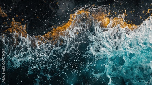 Close-up aerial view of ocean waves crashing against dark rocks with golden hues.
