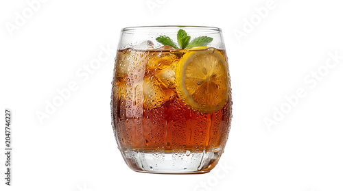 Refreshing chilled iced tea with lemon, mint, ice, and condensation