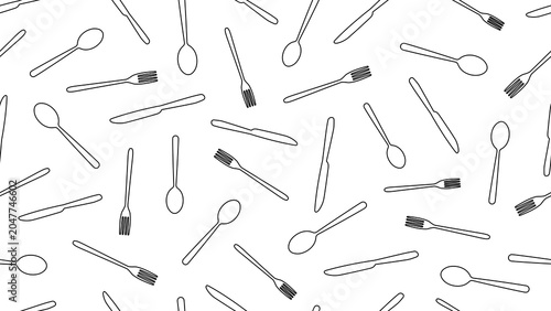 Seamless vector pattern featuring forks, knives, and spoons in clean outline stroke style on a transparent background for restaurants, food packaging, and kitchen designs. Cutlery pattern background.