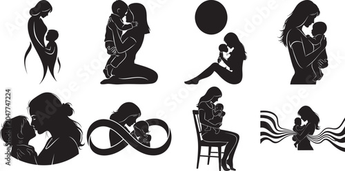 Mother And Baby Silhouette Set Against A White Background