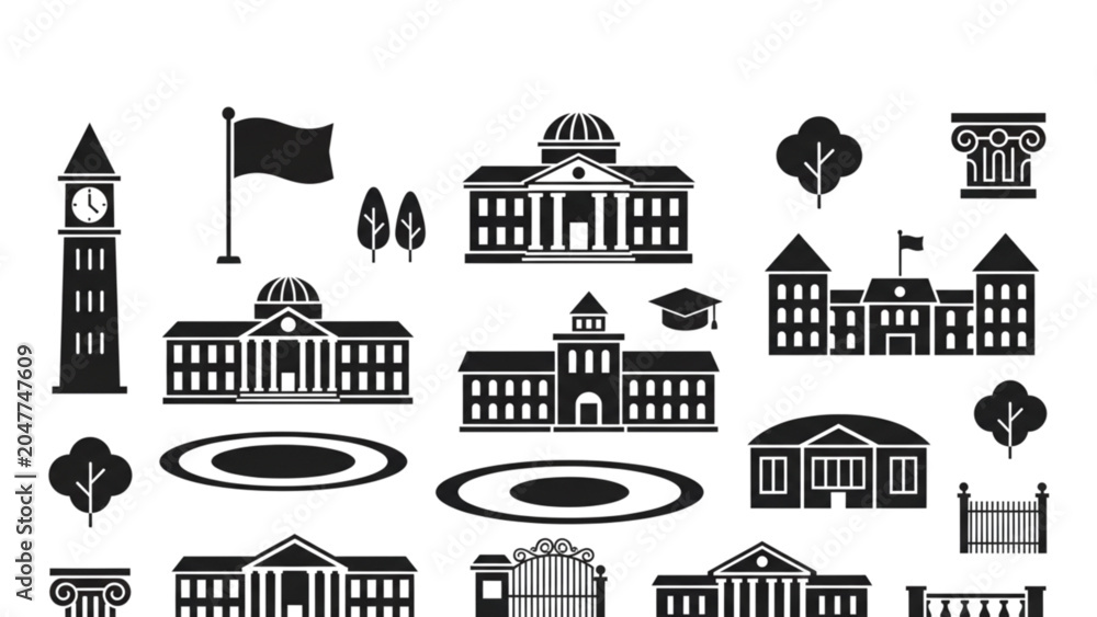 Naklejka premium University college campus architecture vector flat black silhouette icon set with academy government building clock tower school gate