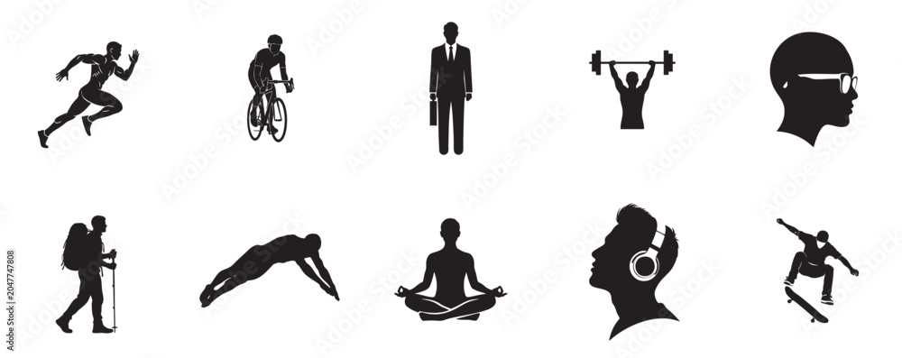 Obraz premium Black silhouette icons showing various sports fitness and lifestyle activities with silhouette