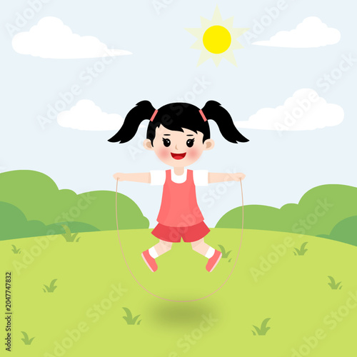 Happy Little Girl Jumping Rope in a Sunny Park